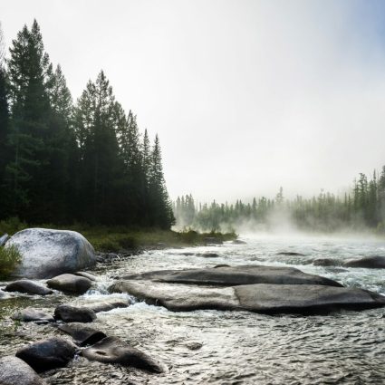 Siberian Balyiktyig hem river in Sayan mountains in early foggy morning.
